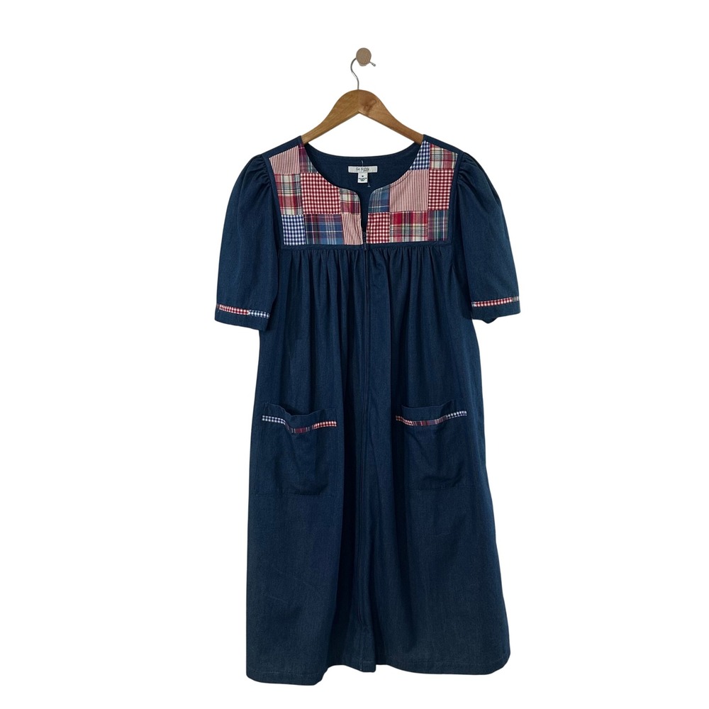 Go Softly Patio Womens Blue Denim Patchwork Plaid Zip Front House Dress‎ Medium
